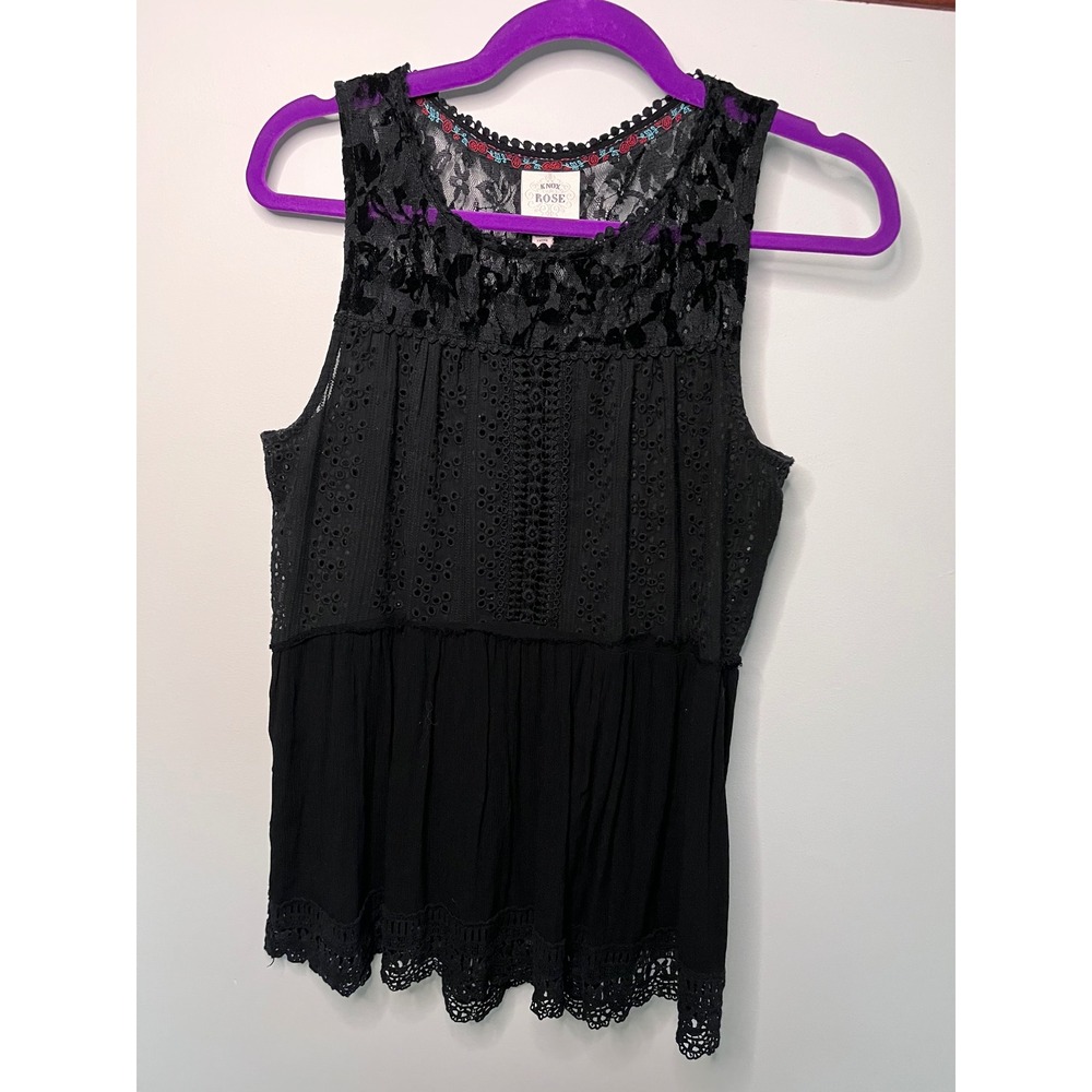 Knox Rose Black Lace Eyelet Sleeveless Peplum Top Boho Crochet Hem Womens Medium